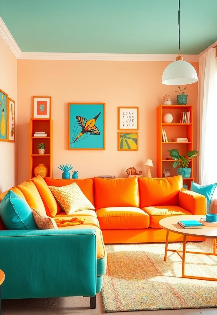 14 Color Schemes for Your Living Room That Will Set the Perfect Ambiance! - 12. Bright Orange and Aqua