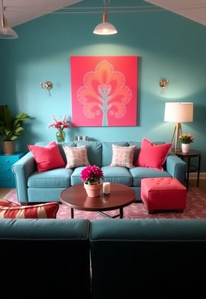 14 Color Schemes for Your Living Room That Will Set the Perfect Ambiance! - 4. Energetic Teal and Coral
