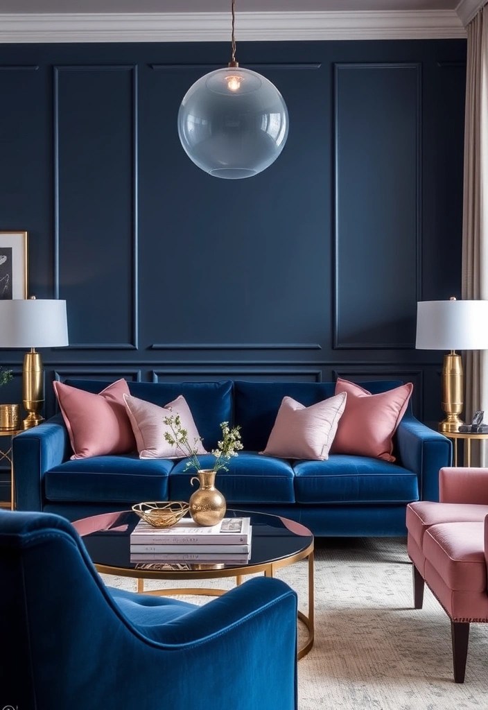 14 Color Schemes for Your Living Room That Will Set the Perfect Ambiance! - 6. Chic Navy and Blush Pink