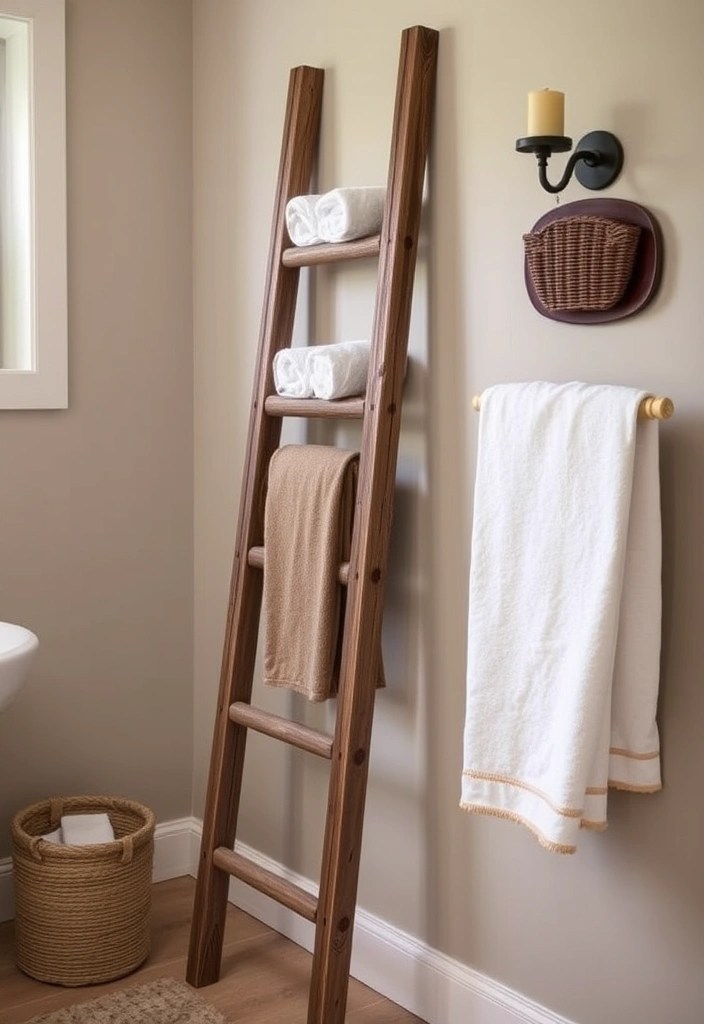 14 Easy DIY Bathroom Decor Projects That'll Transform Your Space (Even Beginners Can Do #7!) - 11. Rustic Ladder Towel Rack