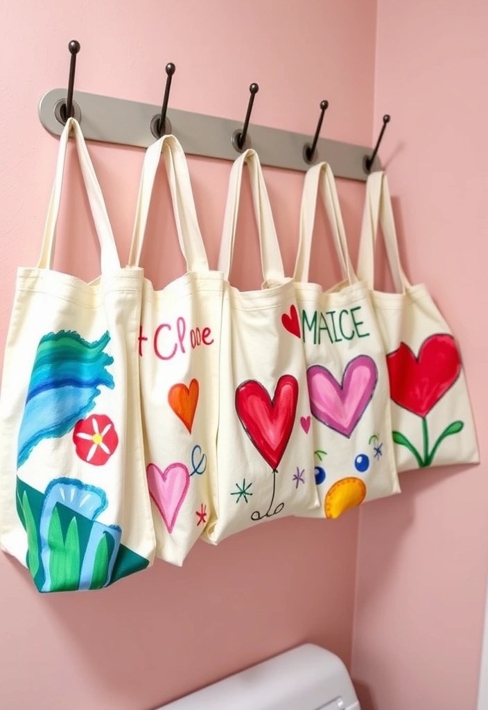 14 Easy DIY Bathroom Decor Projects That'll Transform Your Space (Even Beginners Can Do #7!) - 13. Hand-Painted Canvas Storage Bags