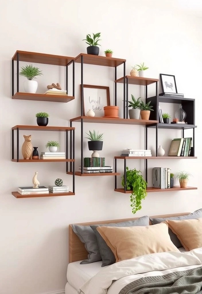 17 Unique Wall Art Ideas to Elevate Your Bedroom Decor (Say Goodbye to Boring Walls!) - 9. Artful Shelving for Displaying Treasures