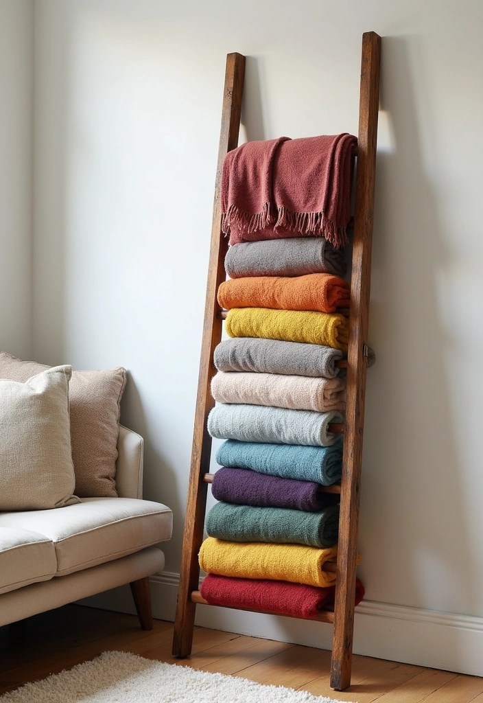 25 DIY Living Room Decor Projects That Are Budget Friendly and Minimalist! - 7. Stylish Throw Blanket Ladder