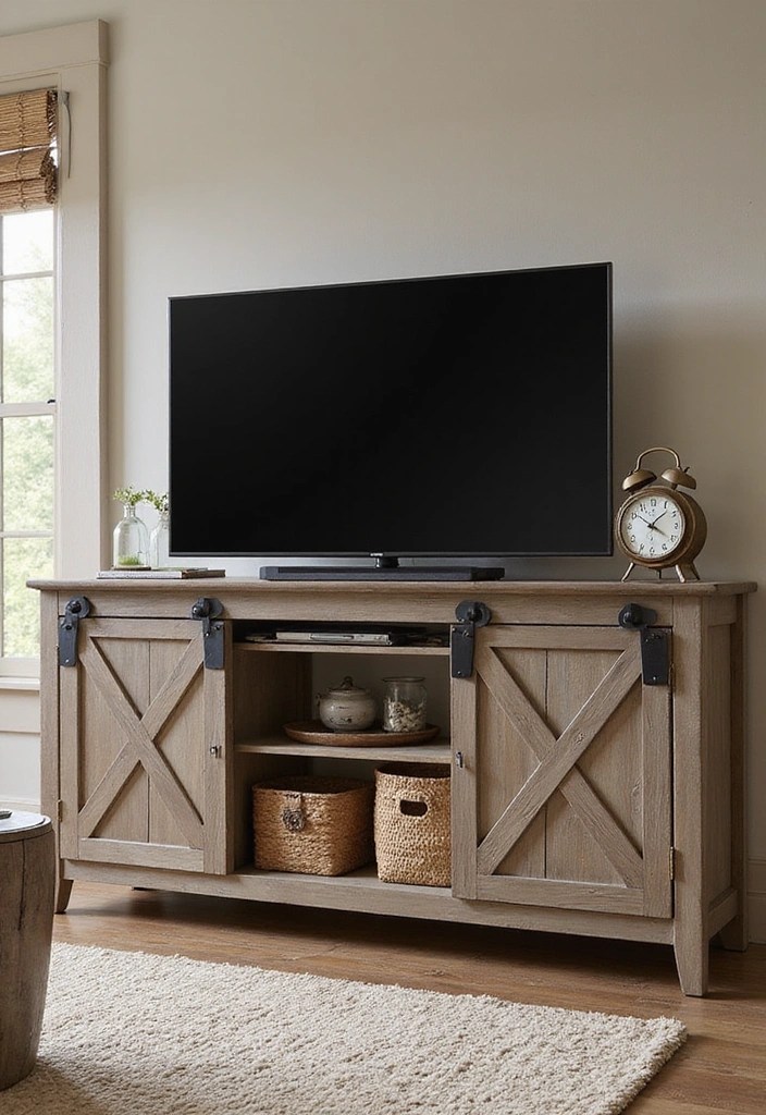 16 Rustic TV Stands That Will Bring Charm to Your Home (You'll Want to Copy #11!) - 2. Farmhouse Sliding Door Stand